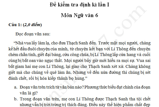 Đề kiểm tra học kì 1 môn Văn lớp 6 - Bắc Ninh năm 2017 - 2018