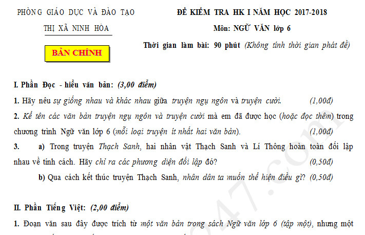 Đề thi học kì 1 môn Văn lớp 6 năm 2017 - Thị xã Ninh Hòa