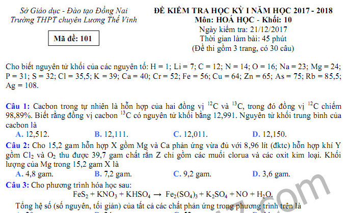 Đề thi học kì 1 năm 2017 lớp 10 môn Hóa - THPT Lương Thế Vinh