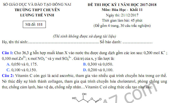 Đề thi kì 1 năm 2017 lớp 11 môn Hóa THPT Chuyên Lương Thế Vinh