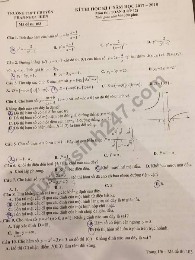 Đề thi kì 1 môn Toán lớp 12 - THPT Chuyên Phan Ngọc Hiển 2017