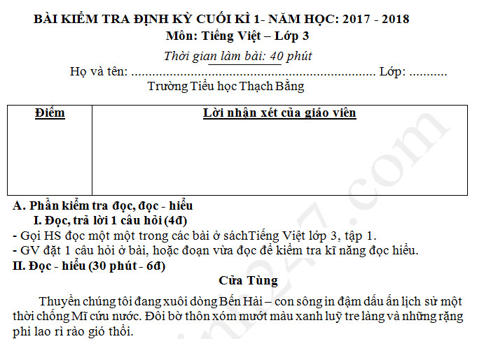 Đề thi kì 1 môn Tiếng Việt lớp 3 TH Thạch Bằng năm 2017 - 2018