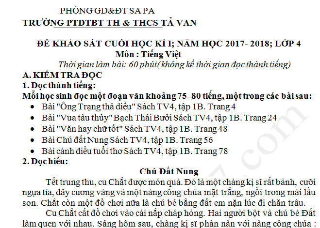 Đề thi kì 1 năm 2017 lớp 4 môn Tiếng Việt TH Tả Van