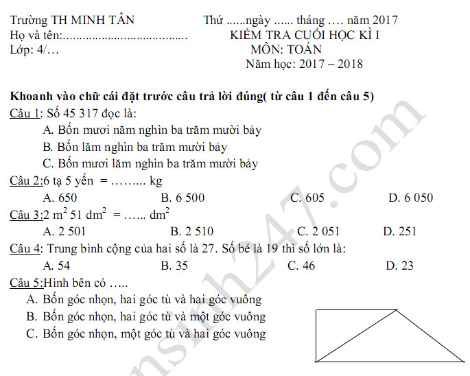 Đề kiểm tra cuối kì 1 lớp 4 môn Toán TH Minh Tân năm 2017 - 2018