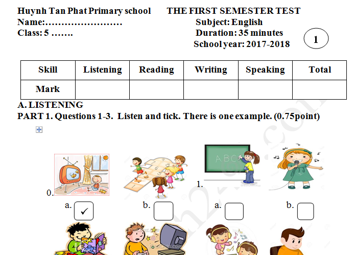 Đề kiểm tra kì 1 lớp 5 môn Tiếng Anh TH Huỳnh Tấn Phát 2017