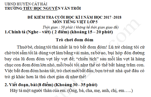 Đề thi học kì 1 năm 2017 - 2018 lớp 5 môn Tiếng Việt TH Nguyễn Văn Trỗi