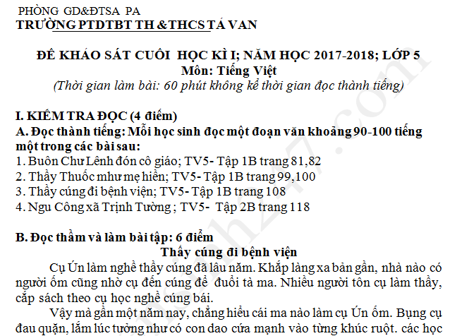 Đề thi kì 1 lớp 5 môn Tiếng Việt năm 2017 - TH Tả Van