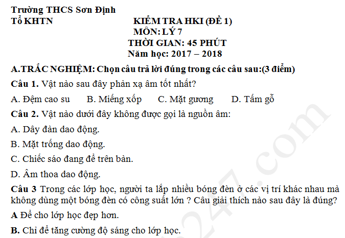 Đề thi kì 1 lớp 7 môn Lý THCS Sơn Định năm học 2017 - 2018