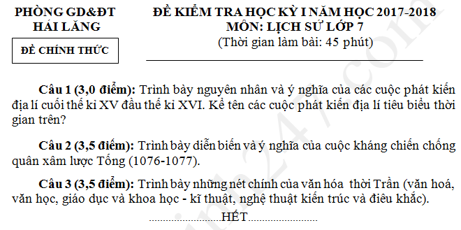 Đề thi kì 1 năm 2017 - 2018 môn Sử lớp 7 Phòng GD Hải Lăng