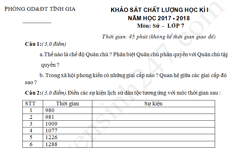 Đề thi kì 1 năm 2017 - 2018 môn Sử lớp 7 Phòng GD Tĩnh Gia