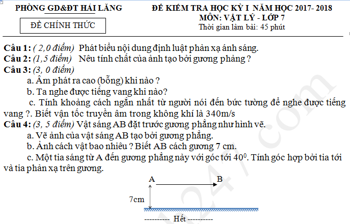 Đề thi kì 1 lớp 7 môn Lý Phòng GD Hải Lăng năm học 2017 - 2018