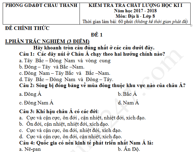 Đề thi kì 1 năm 2017 lớp 8 môn Địa Phòng GD Châu Thành