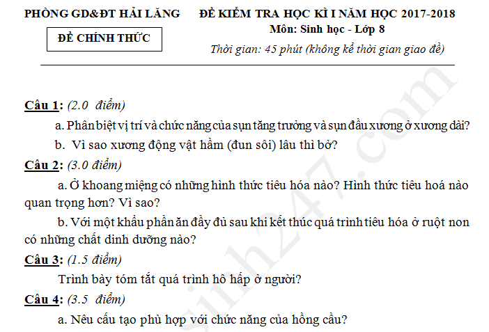 Đề kiểm tra kì 1 lớp 8 môn Sinh năm 2017 -  Phòng GD Hải Lăng