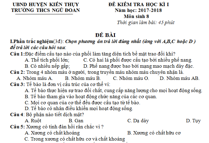 Đề thi kì 1 lớp 8 môn Sinh THCS Ngũ Đoan năm học 2017 - 2018