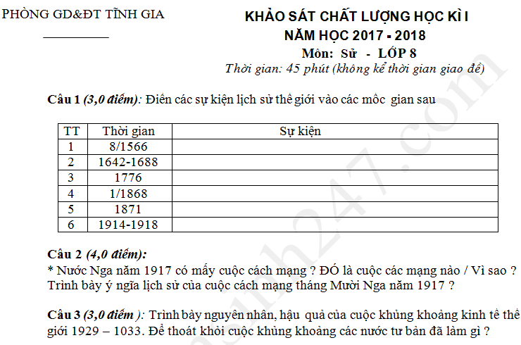 Đề thi kì 1 năm 2017 - 2018 lớp 8 môn Sử phòng GD Tĩnh Gia