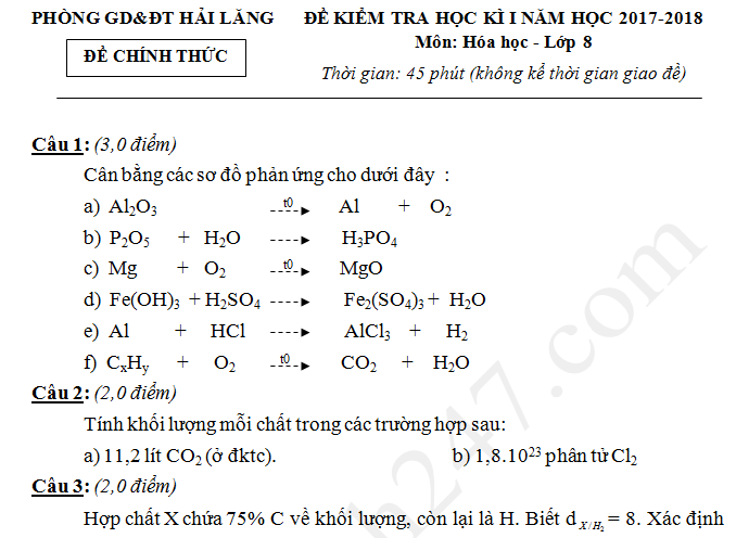 Đề thi học kì 1 năm 2017 - 2018 lớp 8 môn Hóa Phòng GD Hải Lăng