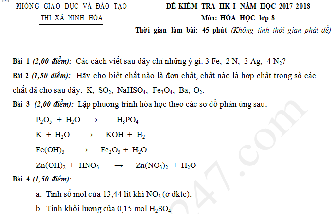 Đề thi cuối kì 1 năm 2017 lớp 8 môn Hóa - Phòng GD Ninh Hòa