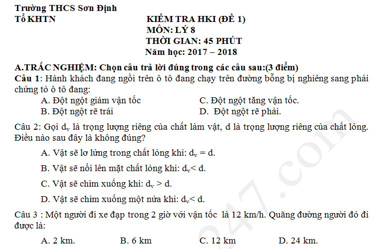 Đề thi cuối kì 1 lớp 8 môn Lý THCS Sơn Định năm 2017 có đáp án