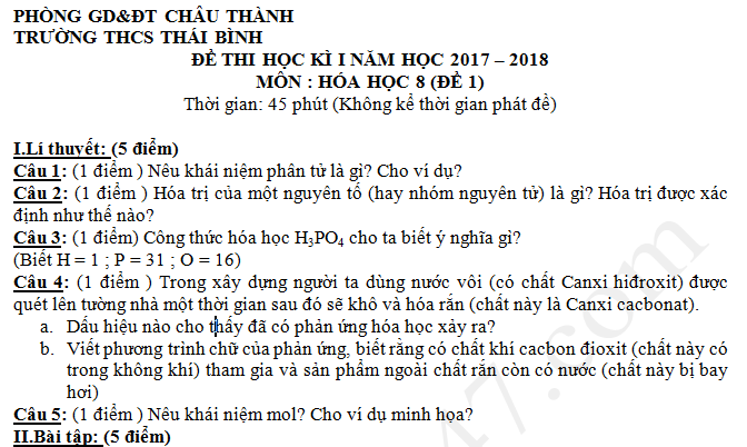 Đề thi kì 1 lớp 8 môn Hóa -  THCS Thái Bình năm 2017