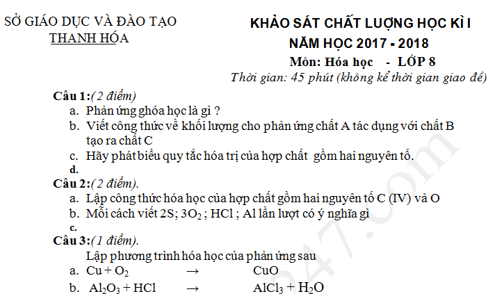 Đề kiểm tra kì 1 môn Hóa lớp 8 Phòng GD Tĩnh Gia năm 2017 - 2018