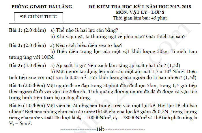 Đề kiểm tra học kì 1 môn Lý lớp 8 Phòng GD Hải Lăng năm 2017 - 2018