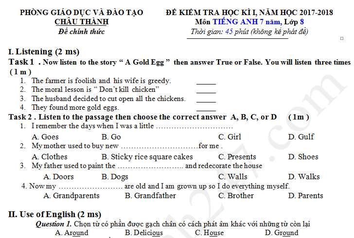 Đề thi kì 1 môn Anh lớp 8 Phòng GD Châu Thành 2017 - 2018