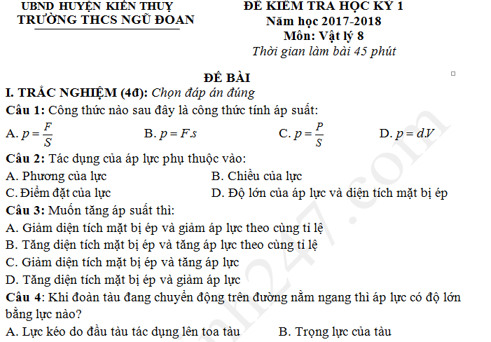 Đề kiểm tra học kì 1 lớp 8 môn Lý THCS Ngũ Đoan năm 2017 - 2018