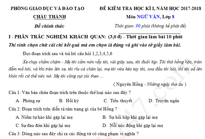 Đề thi kì 1 năm 2017 - 2018 lớp 8 môn Văn Phòng GD Châu Thành