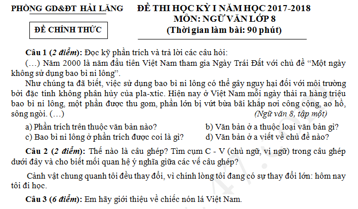 Đề thi học kì 1 môn Văn lớp 8 năm 2017 - 2018 Phòng GD Hải Lăng 