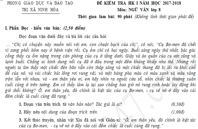 Đề thi học kì 1 lớp 8 môn Văn Phòng GD Ninh Hòa năm 2017