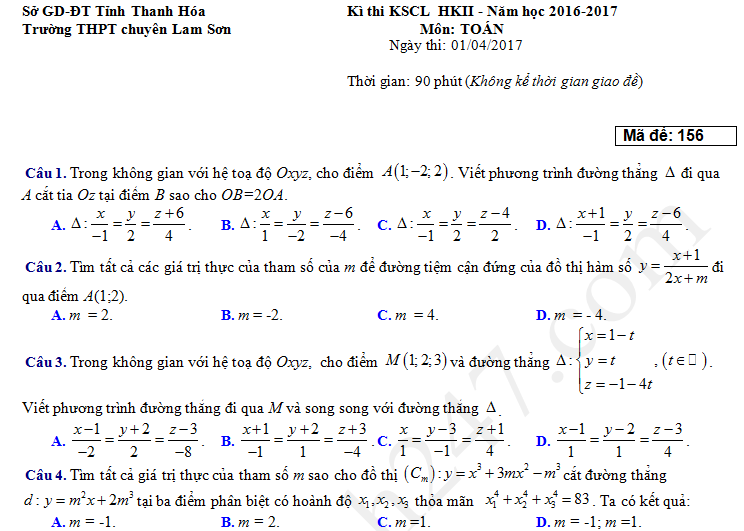 Đề thi giữa học kì 2 môn Toán lớp 12 THPT Chuyên Lam Sơn 2017