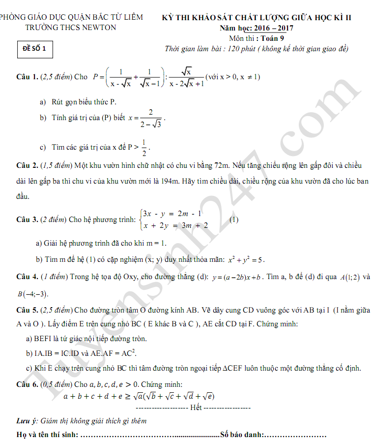 Đề thi giữa kì 2 lớp 9 môn Toán năm 2017 - THCS NEWTON