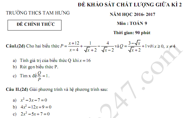 Đề thi giữa học kì 2 môn Toán lớp 9 năm 2017 THCS Tam Hưng