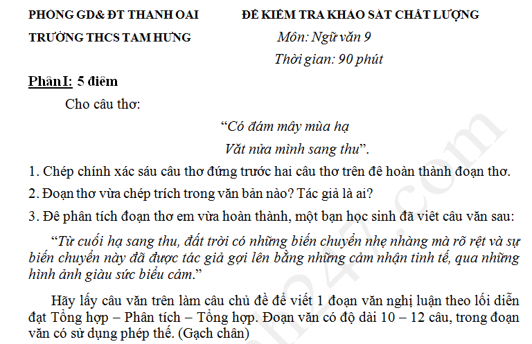 Đề thi giữa kì 2 lớp 9 môn Văn THCS Tam Hưng năm 2017