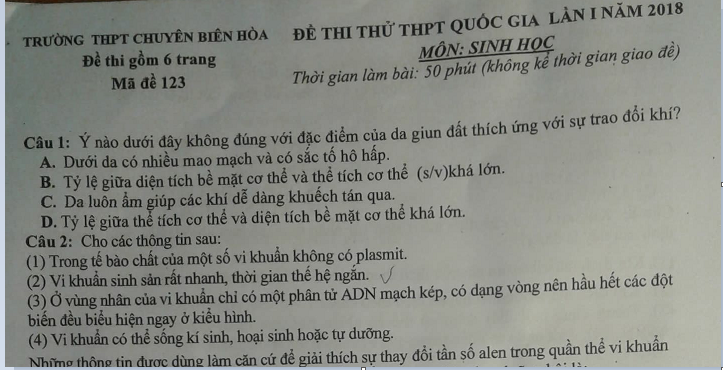 Đề thi thử THPT QG môn Sinh - THPT Chuyên Biên Hòa - Hà Nam lần 1