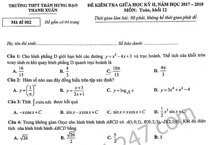 Đề thi giữa kì 2 lớp 12 môn Toán 2018 - THPT Trần Hưng Đạo