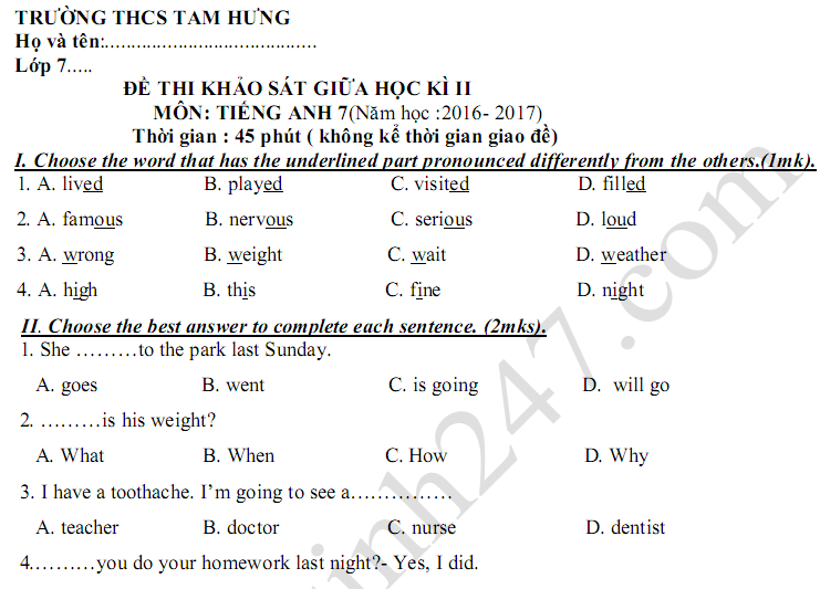 Đề kiểm tra giữa kì 2 lớp 7 môn Anh THCS Tam Hưng 2017