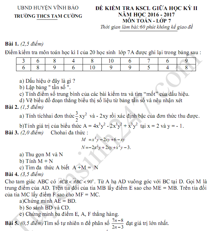 Đề thi giữa kì 2 lớp 7 môn Toán 2017 THCS Tam Cường