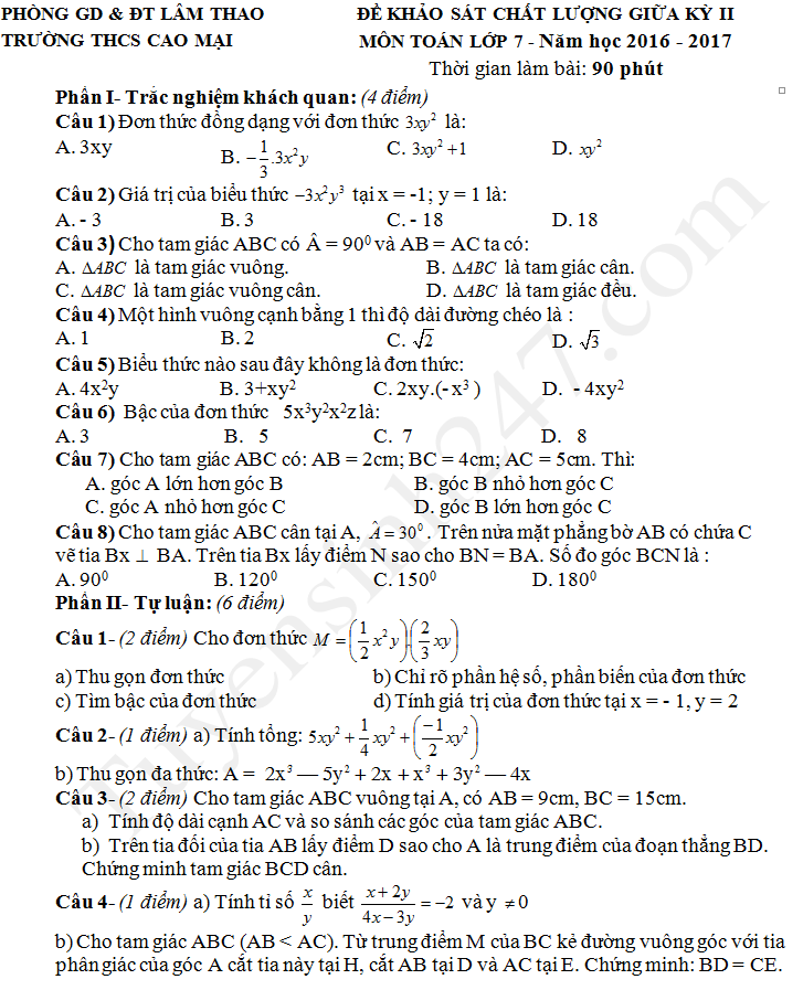 Đề thi giữa kì 2 lớp 7 môn Toán 2017 - THCS Cao Mại
