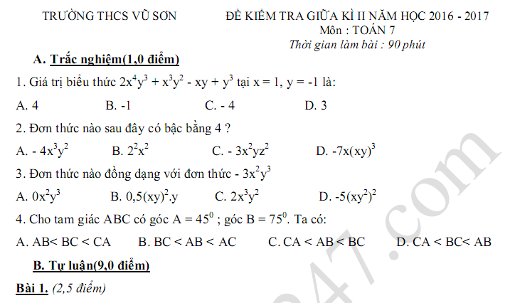 Đề thi giữa kì 2 lớp 7 môn Toán năm 2017 - THCS Vũ Sơn