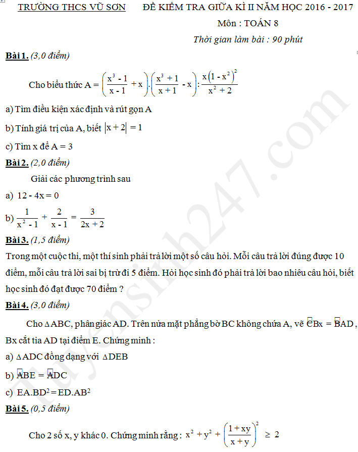Đề thi giữa học kì 2 môn Toán lớp 8 THCS Vũ Sơn 2017