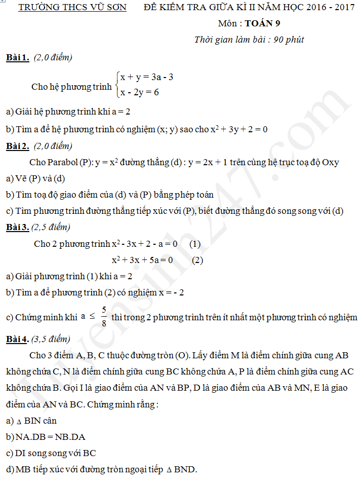 Đề thi giữa kì 2 năm 2017 lớp 9 môn Toán THCS Vũ Sơn
