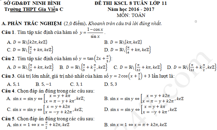 Đề thi giữa kì 2 năm 2017 môn Toán lớp 11 - THPT Gia Viễn C