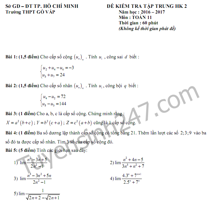 Đề kiểm tra giữa kì 2 năm 2017 lớp 11 môn Toán THPT Gò Vấp