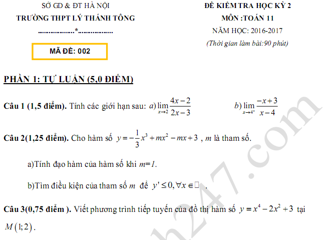 Đề thi giữa kì 2 môn Toán lớp 11 THPT Lý Thánh Tông 2017