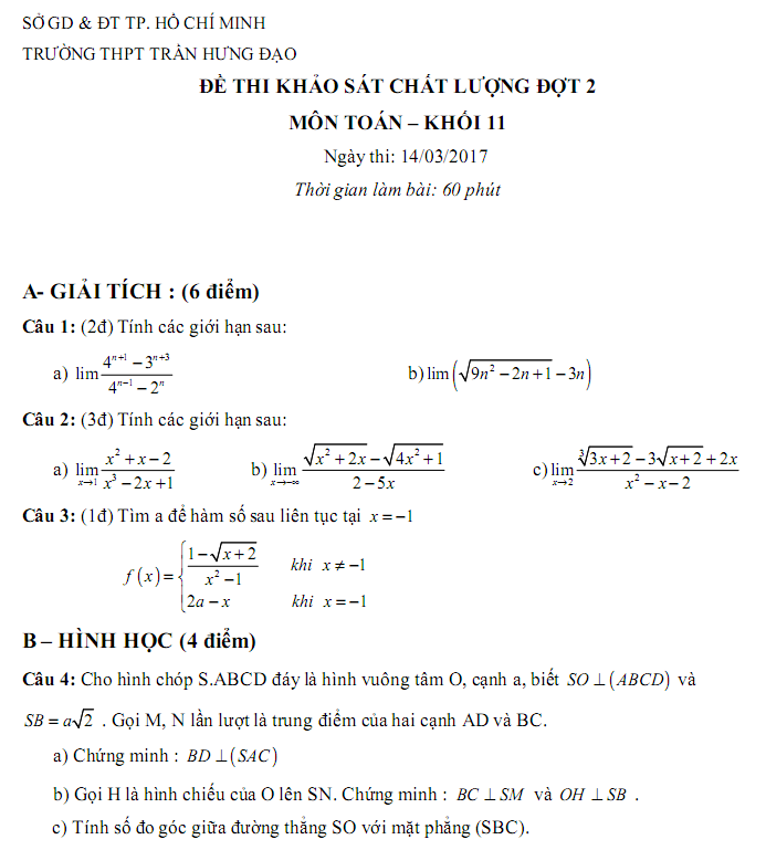 Đề thi giữa kì 2 lớp 11 môn Toán 2017 - THPT Trần Hưng Đạo