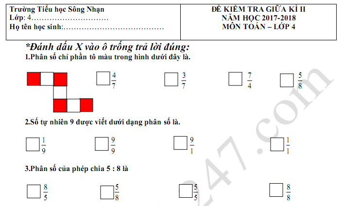 Đề kiểm tra giữa kì 2 lớp 4 môn Toán TH Sông Nhạn 2018 có đáp án