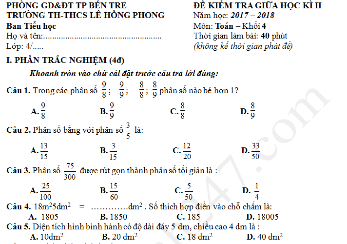 Đề thi giữa kì 2 lớp 4 môn Toán - TH Lê Hồng Phong 2018