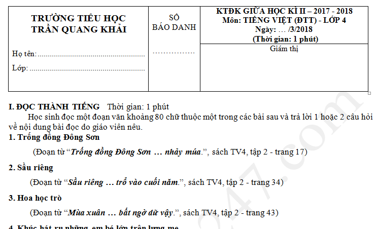 Đề thi giữa kì 2 môn Tiếng Việt lớp 4 - TH Trần Quang Khải 2018
