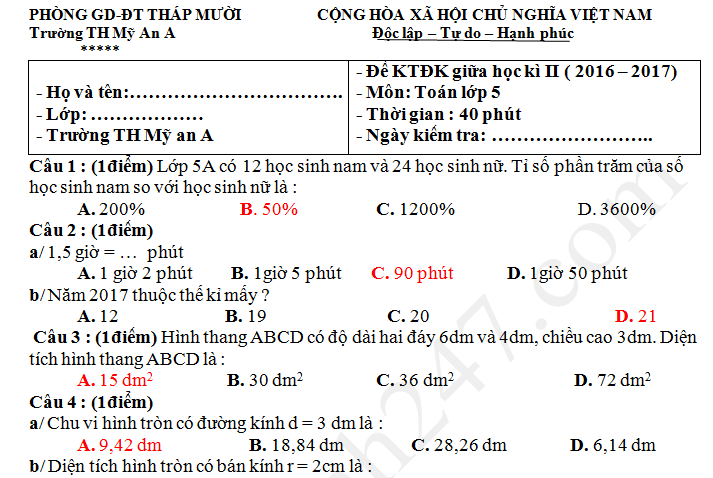 Đề thi giữa học kì 2 môn Toán lớp 5 TH Mỹ An A năm 2017